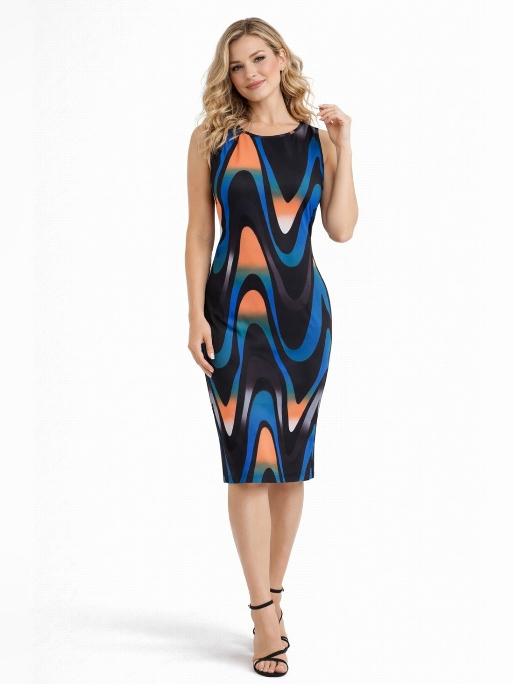 SHEIN Abstract Swirl Print Bodycon Midi Dress Blue Orange Black L